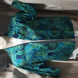 Boutique Women's Paisley Blue & Green Peacock Jacket. Open Front; Pockets. EUC